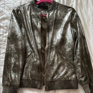 Zara Silver Bomber Jacket with Metallic Finish and Fitted Silhouette